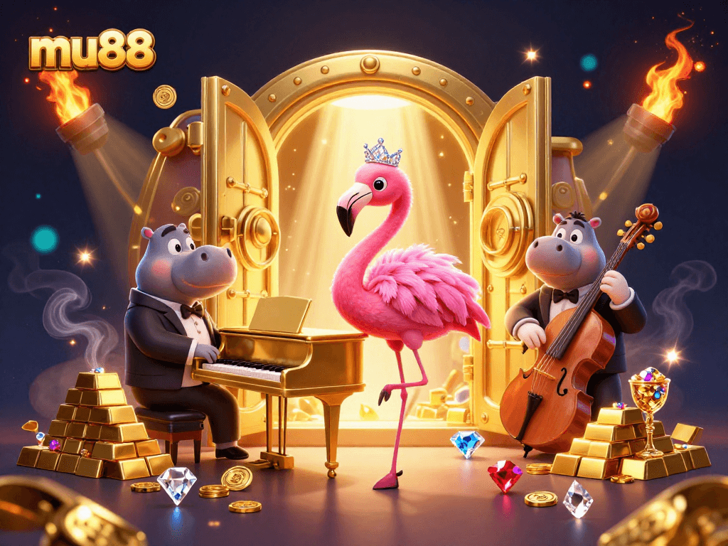 Experience mu88's casino magic with a vibrant 3D scene featuring a flamingo and hippo.
