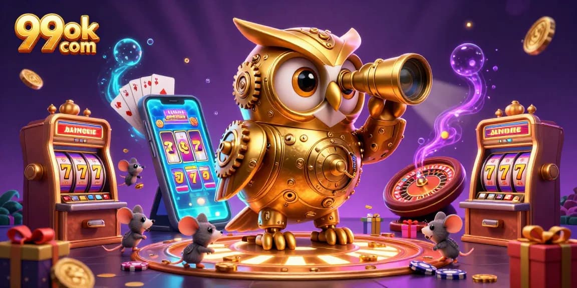 Watch the golden owl scan the vibrant casino floor at 99ok com while entertaining tiny mouse patrons.