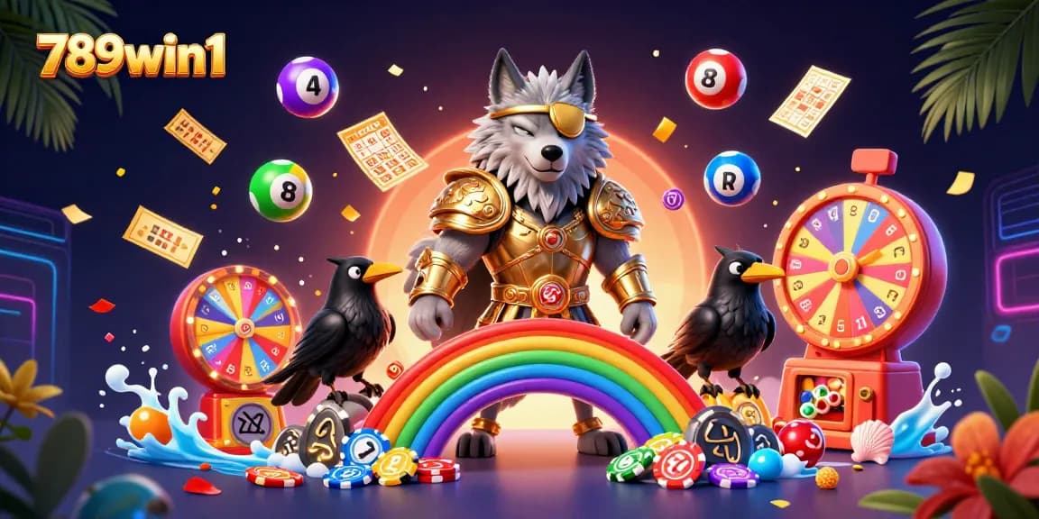 Engage with 789win1 in a vibrant 3D illustrated casino world filled with dynamic lottery elements.