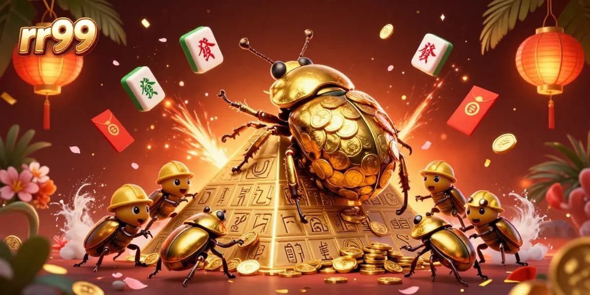 Engage with rr99’s vibrant casino scene featuring a golden dung beetle rolling coins amidst symbols of luck.