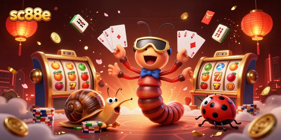 Play exciting slot games at sc88e with a dynamic 3D illustration of vibrant characters and casino elements.