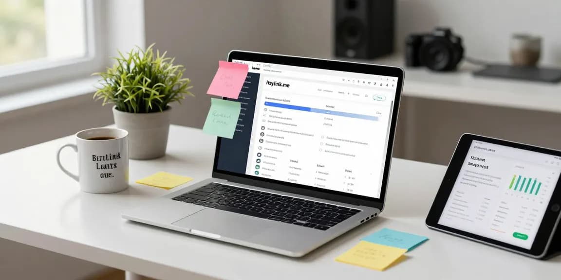 Pengguna GEGESLOT mendesain profil Heylink.me di ruang kerja modern dengan pencahayaan cerah.
