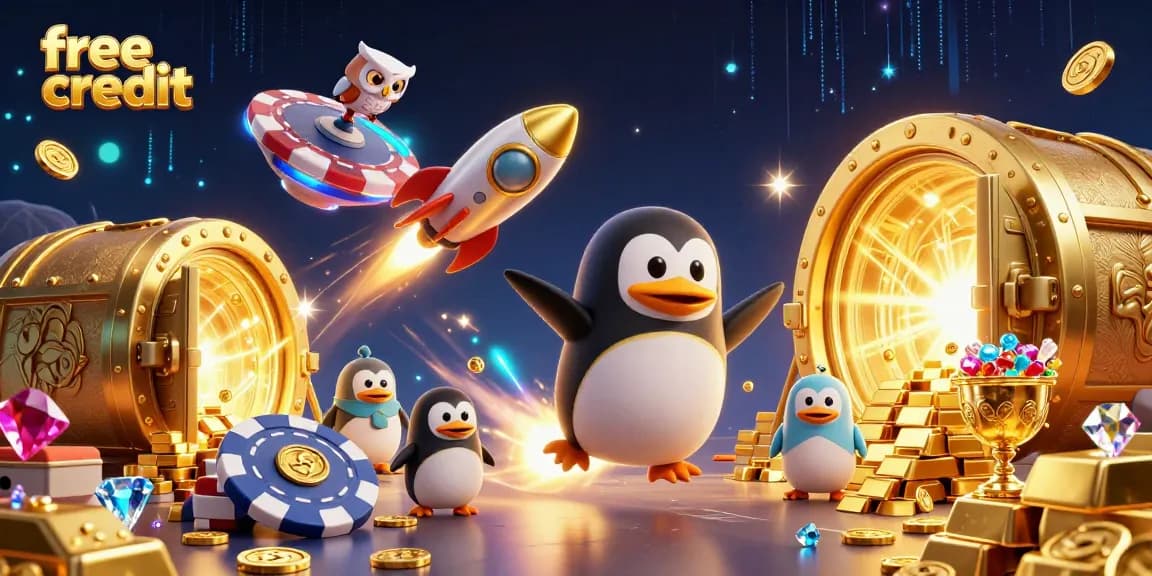 Experience the excitement of free credit at the casino with a golden penguin blasting through space.