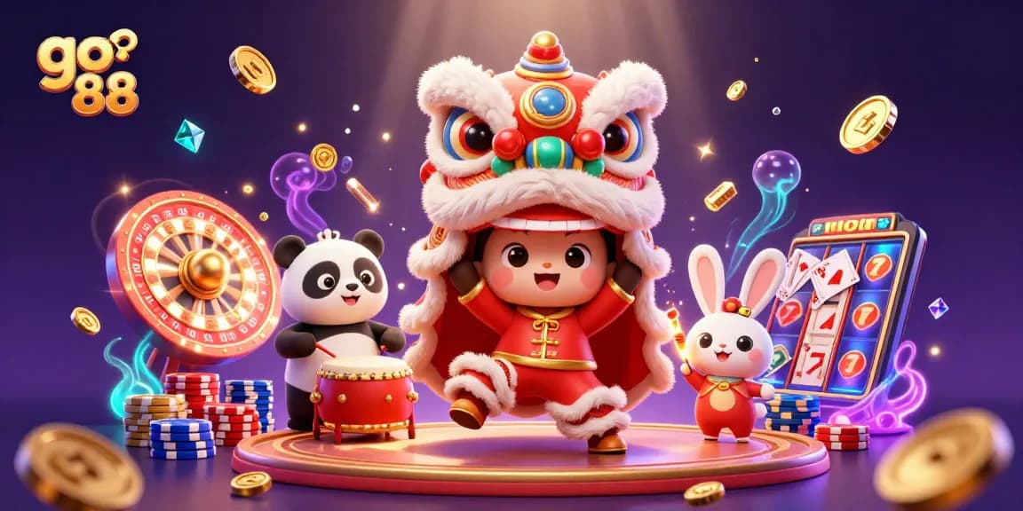 Experience the excitement of go 88 with vibrant lion dance and dazzling casino elements.