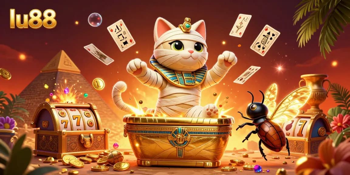 Experience thrilling wins at lu88 while spinning slot reels amidst a pyramid casino scene.