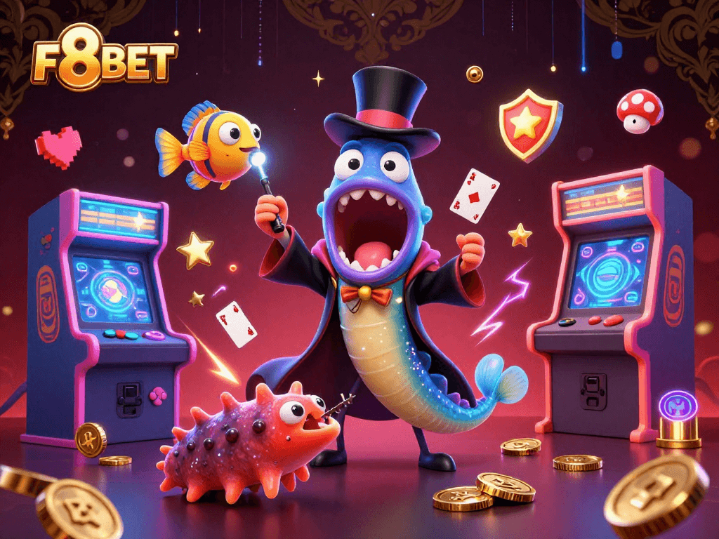 Engage with F8BET's dynamic casino ambiance featuring an eel magician, anglerfish spotlight, and a sea cucumber in action.