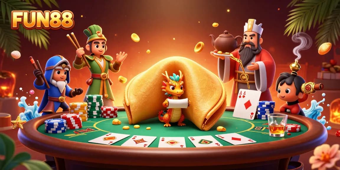 Engage with FUN88's thrilling atmosphere through this dynamic 3D illustration featuring fortune cookie and poker elements.
