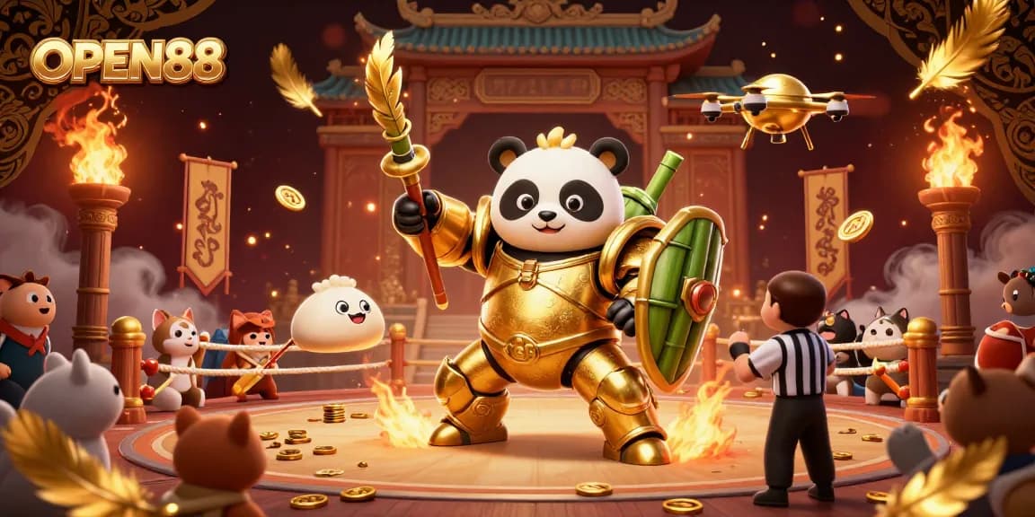 Experience the exciting action of OPEN88 with a dynamic scene featuring a golden panda and casino elements.