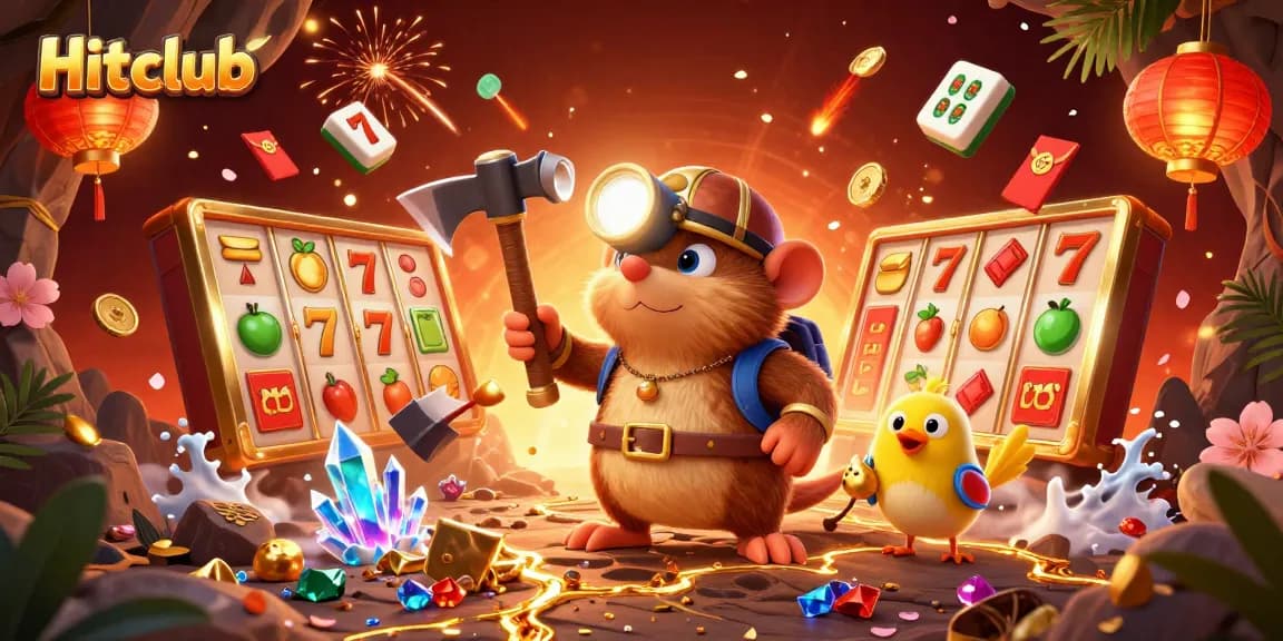 Hitclub players enjoy a vibrant 3D casino scene with slot reels and treasure hunting characters.