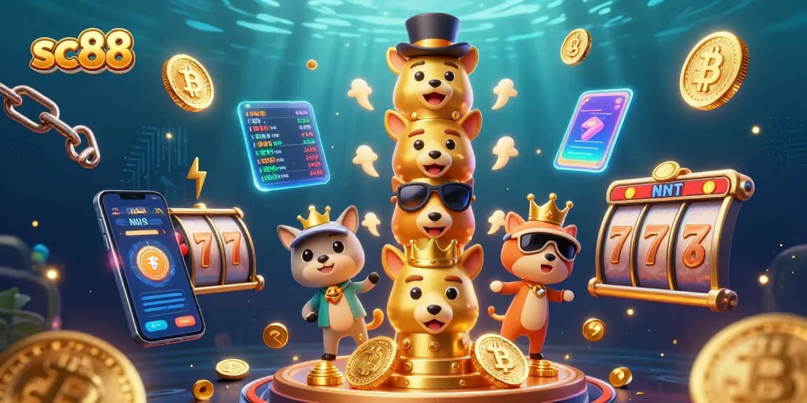 Join the excitement at sc88 with colorful slots, glowing crypto coins, and dynamic casino elements.