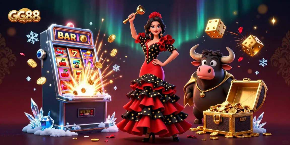 Experience GG88 with a vibrant scene featuring a flamenco dancer, a cartoon bull, and dynamic casino elements.