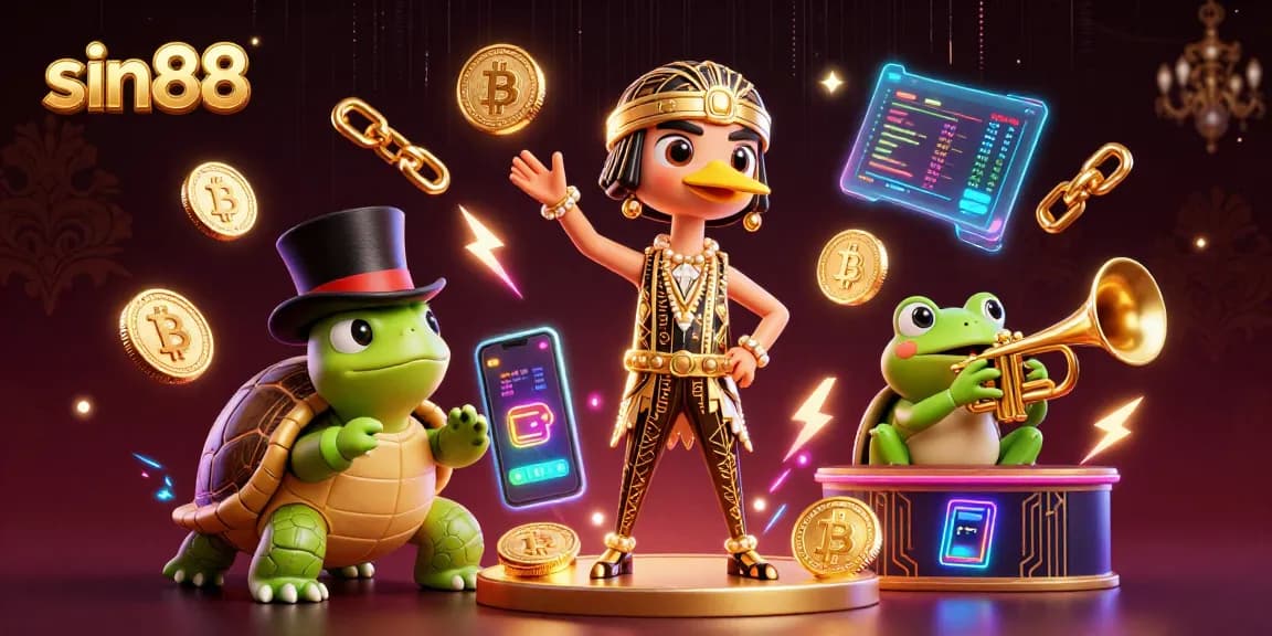 Experience the dynamic action of sin88 with vibrant 3D characters and crypto elements in a bustling casino scene.