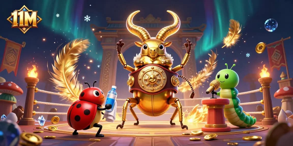 Engage with the thrilling 11M casino atmosphere featuring a golden stag beetle boxing champion amid vibrant game elements.