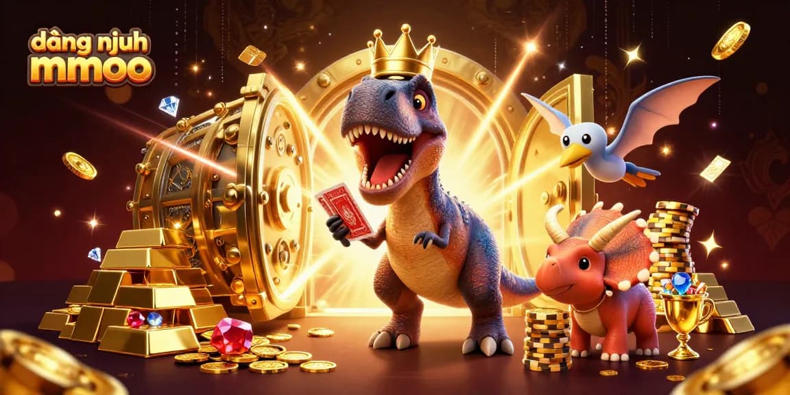 Experience the vibrant world of đăng nhập mmoo with a fun T-Rex and friends at a high-energy casino scene.