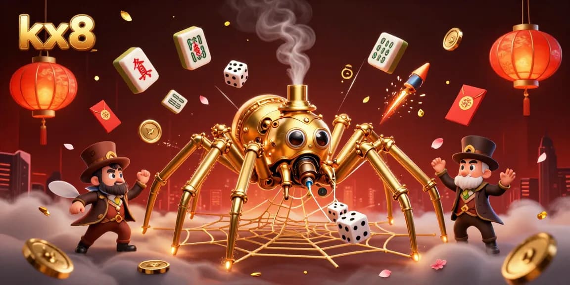 Engage in thrilling gameplay at kx8, featuring a steampunk spider weaving golden chains amidst vibrant casino elements.