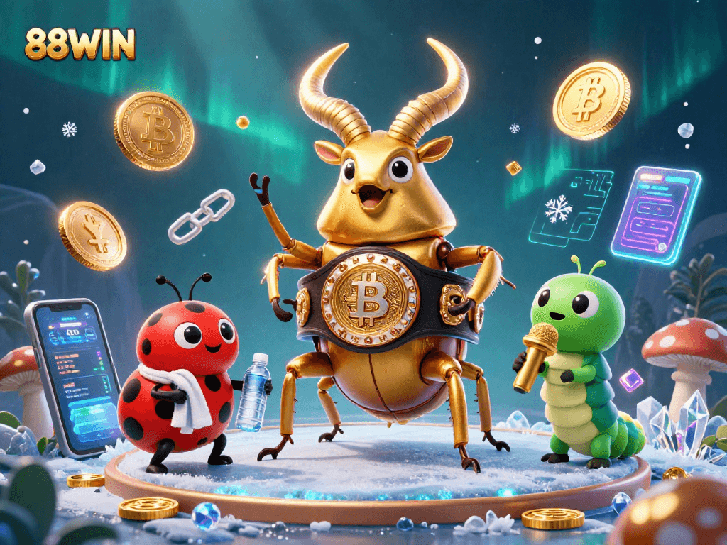 88WIN players engage in a thrilling digital casino experience with glowing coins and vibrant characters.