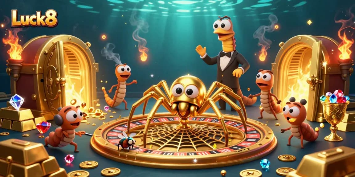 Experience Luck8 gameplay with a cartoon spider and centipede in a vibrant casino scene.