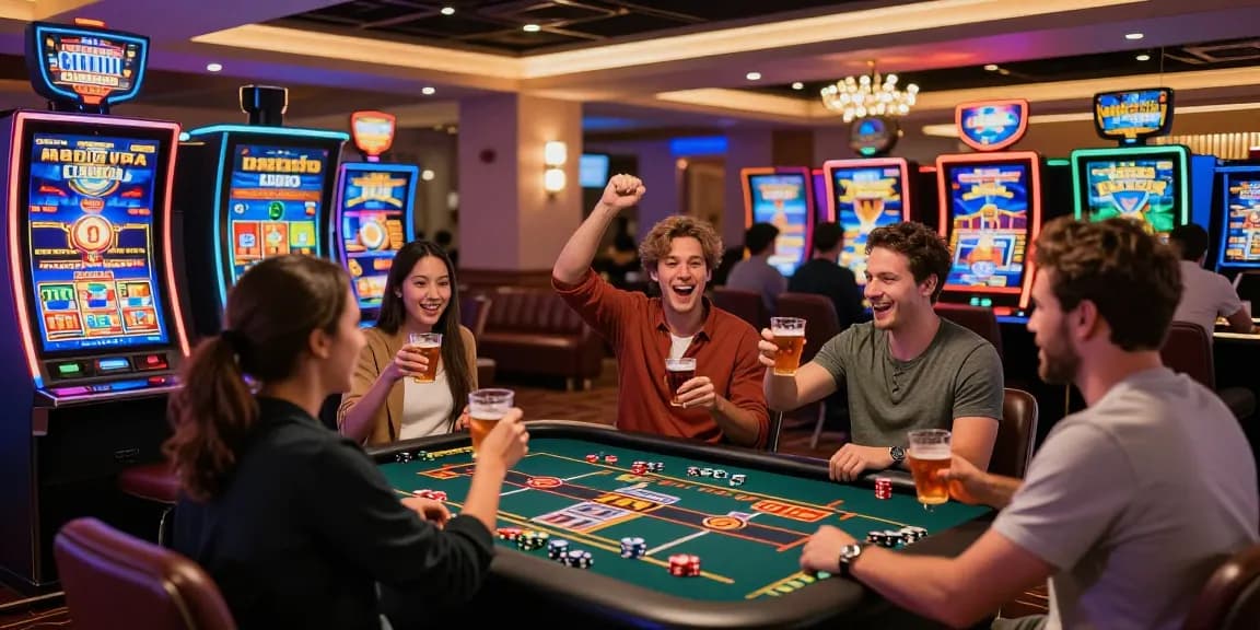 Situs Slot Gacor Asialive88 players enjoying an exciting online casino experience with vibrant lights and cheers.