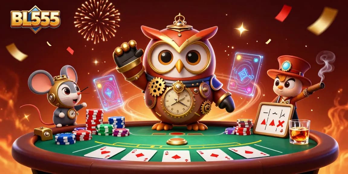 Engage in high-stakes poker at BL555, where the time-traveler owl and clockwork mouse celebrate wins in a vibrant casino.