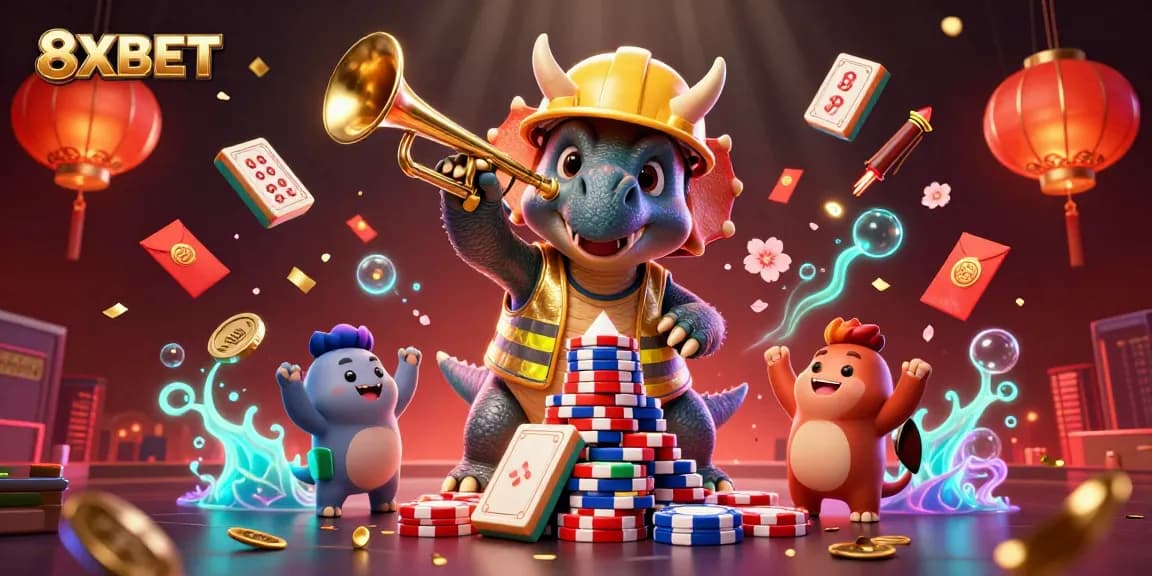 Experience thrilling games at 8XBET with cheerful characters building excitement through poker chips and celebration.