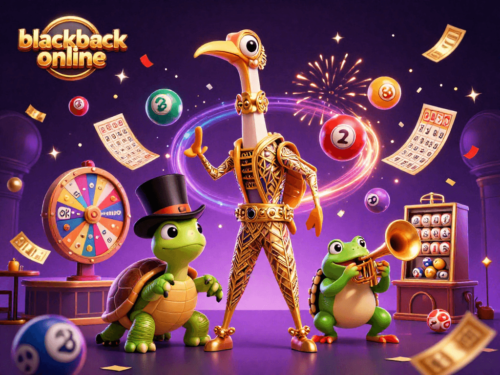 Play blackjack online with vibrant, colorful characters and dynamic casino elements in an engaging scene.
