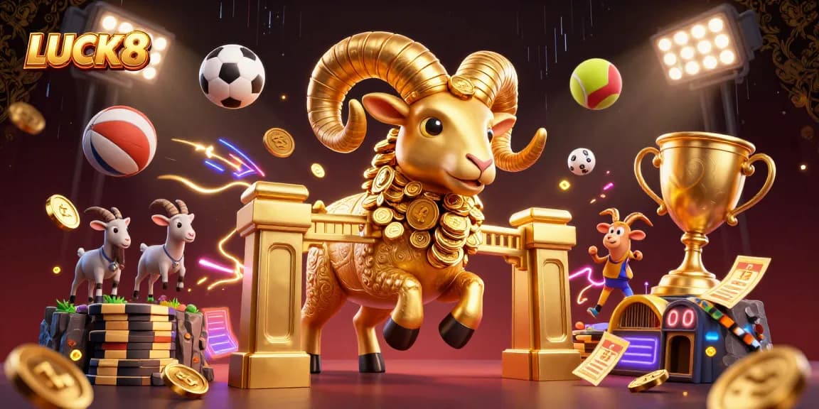 Experience excitement at LUCK8 with a dynamic scene of a golden ram charging through a casino.