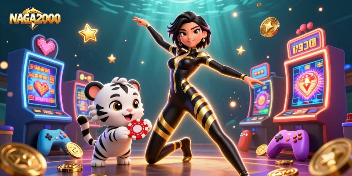 NAGA2000 menampilkan suasana kasino 3D yang cerah dengan seorang wanita dan harimau yang bermain permainan slot yang mendebarkan.