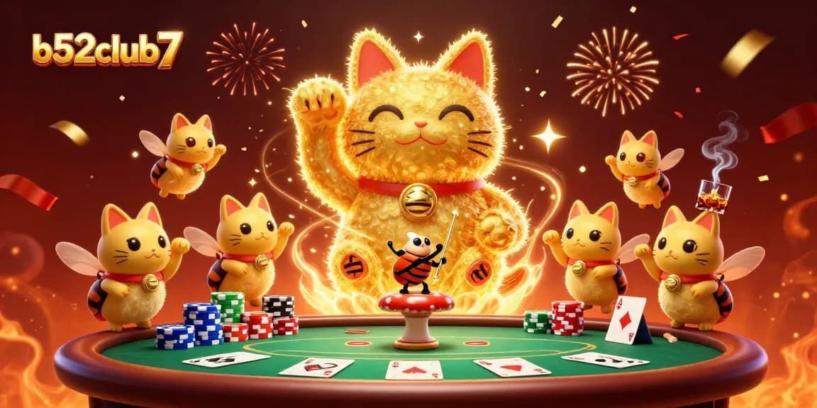 Join the excitement at b52club7 with a dynamic scene featuring a lucky cat and vibrant casino elements.