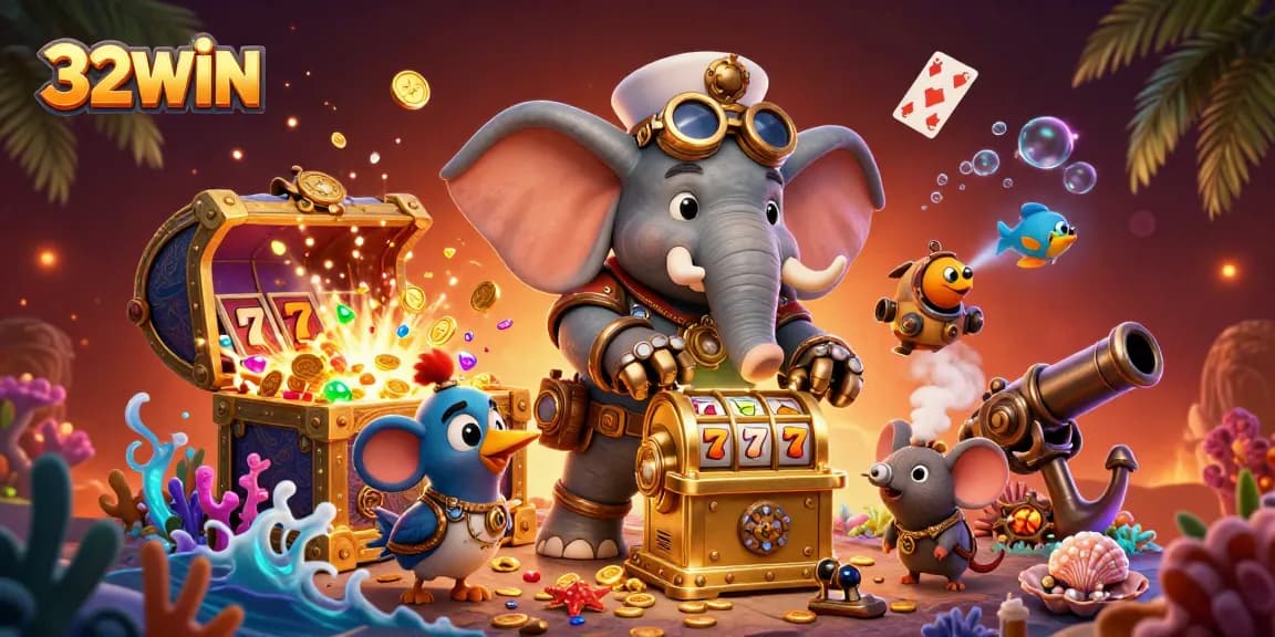 Spin the golden slot machine at 32WIN, surrounded by treasures and animated elements.