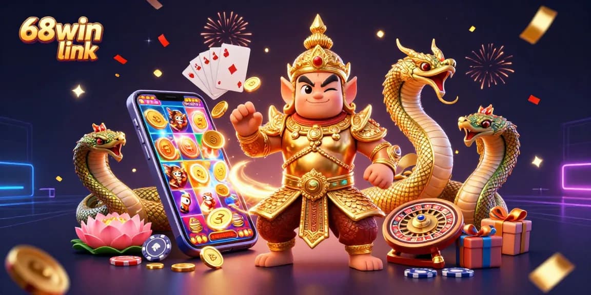 Experience the excitement of casino games with the vibrant 68win link illustration showcasing a guardian and Naga companions.