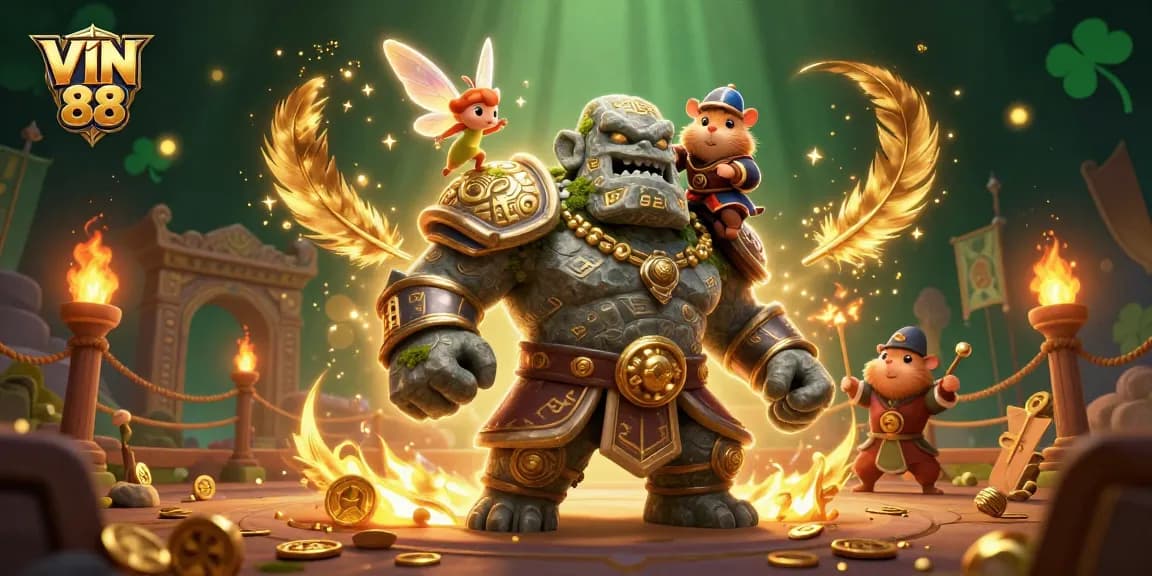 Experience exciting gaming action with VIN 88, featuring a golem guardian and magical elements.