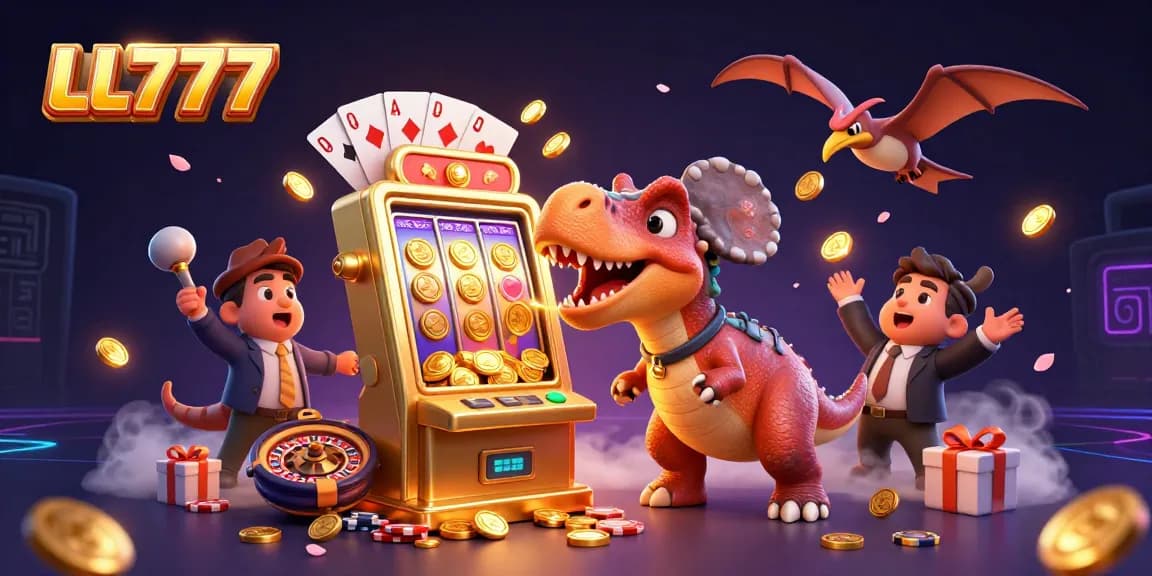LL777 highlights a vibrant casino scene with a dinosaur celebrating jackpot wins amidst dynamic gaming elements.