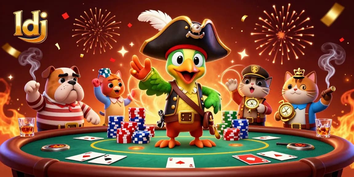 Experience thrilling gameplay at ldj casino with a vibrant 3D scene of animated characters and poker elements.