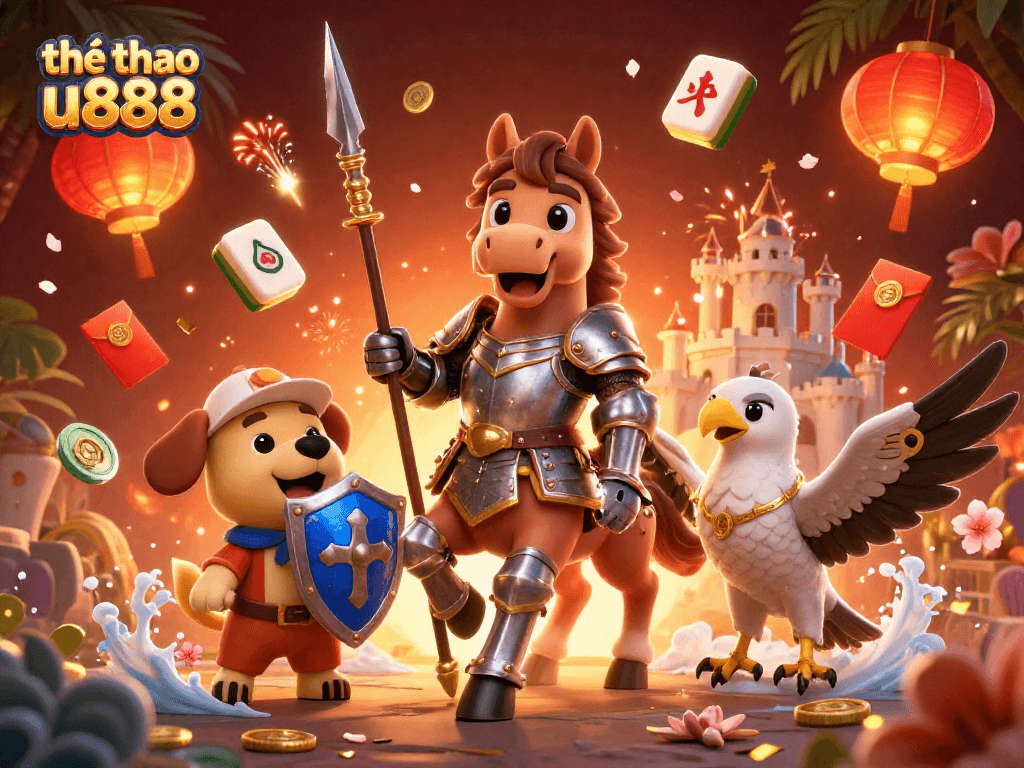 Experience the thrill of thể thao u888 with this vibrant 3D digital illustration filled with game elements.