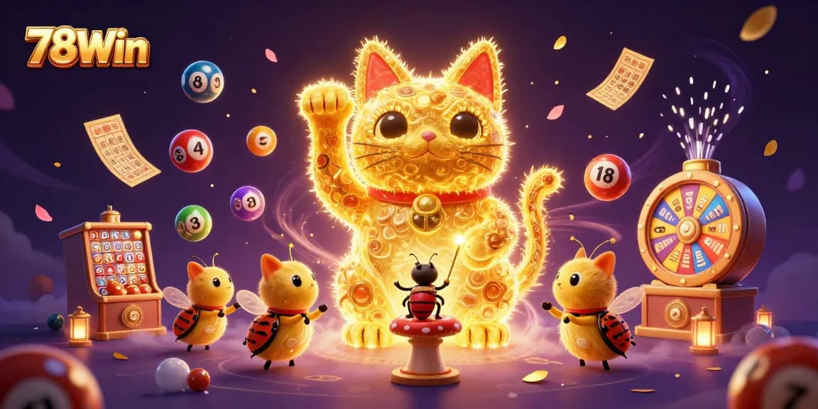 Play exciting games at 78Win with a dazzling scene of a lucky cat and vibrant casino symbols.