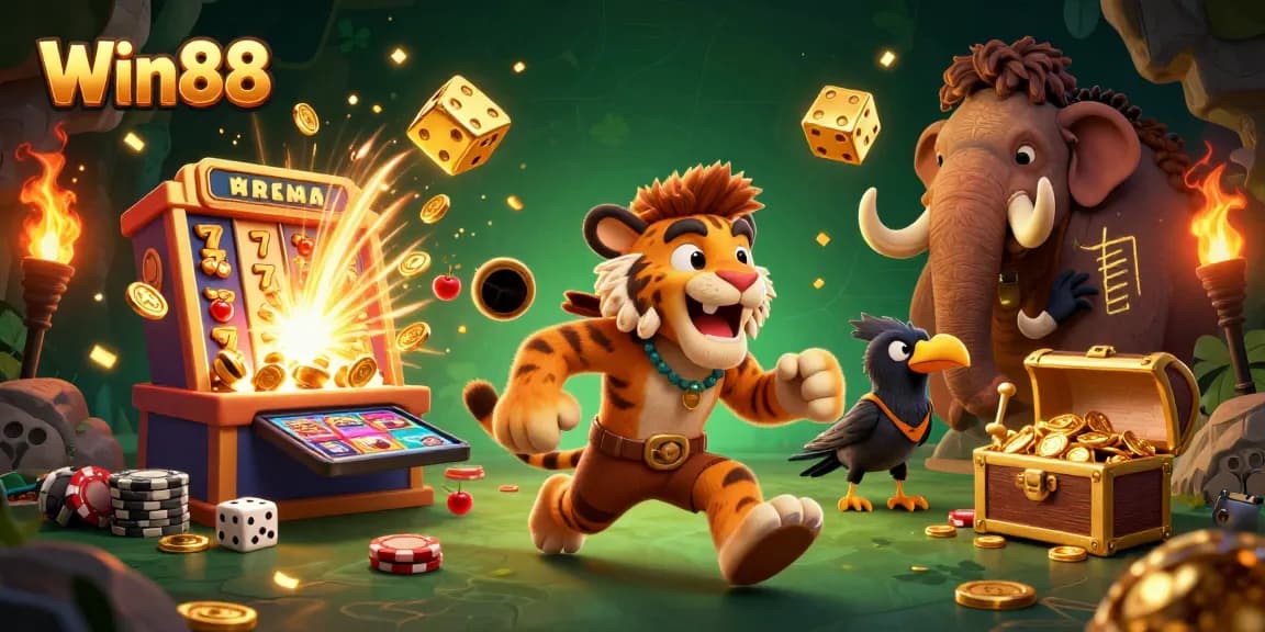 Win88 showcases a lively casino scene with a caveman duo, slot machine, and vibrant game elements.