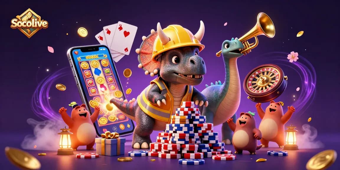 Socolive platform showcases a vibrant casino scene with poker chips and lively 3D characters celebrating wins.