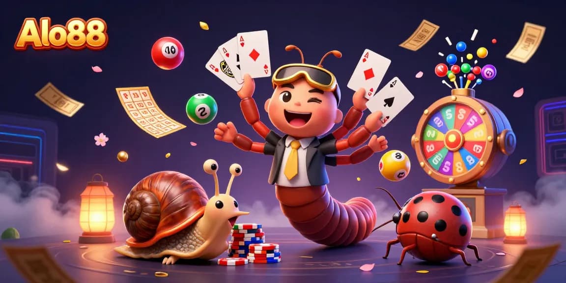 Experience thrilling games at Alo88, featuring vibrant cards and colorful lottery elements in an exciting casino scene.