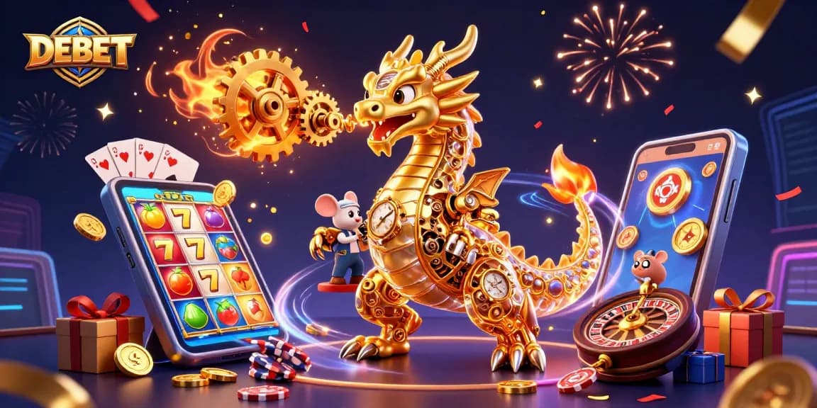 Engage with DEBET in a vibrant, packed casino scene featuring animated dragon and slot elements.
