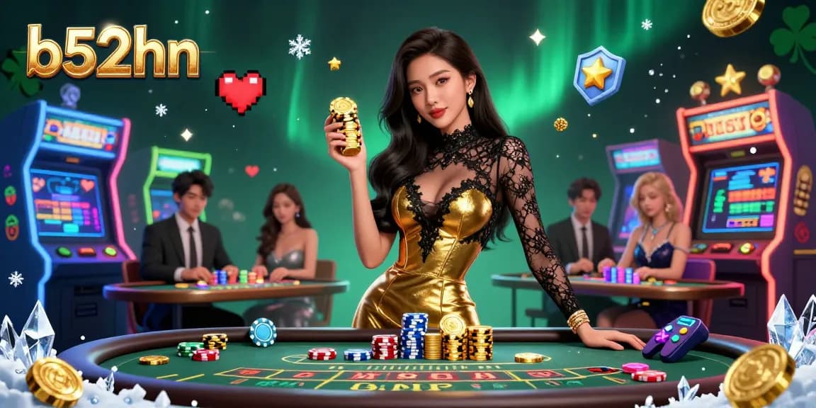 b52hn showcases a glamorous Asian woman at a VIP baccarat table filled with golden chips amid an exclusive casino atmosphere.