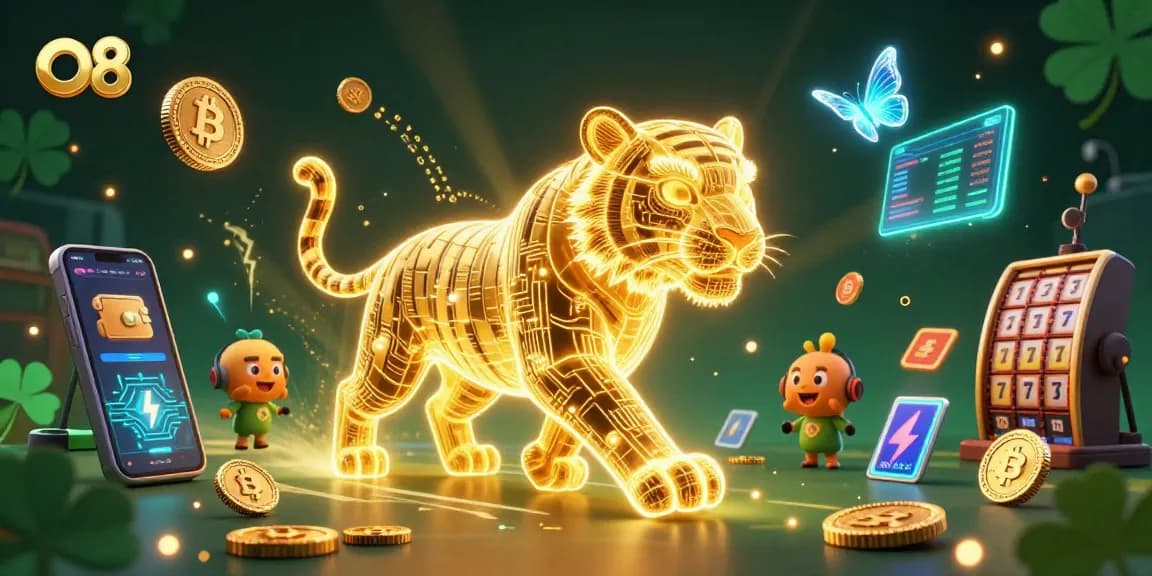 Spin the reels with O8's vibrant casino illustration featuring neon elements and golden tiger.