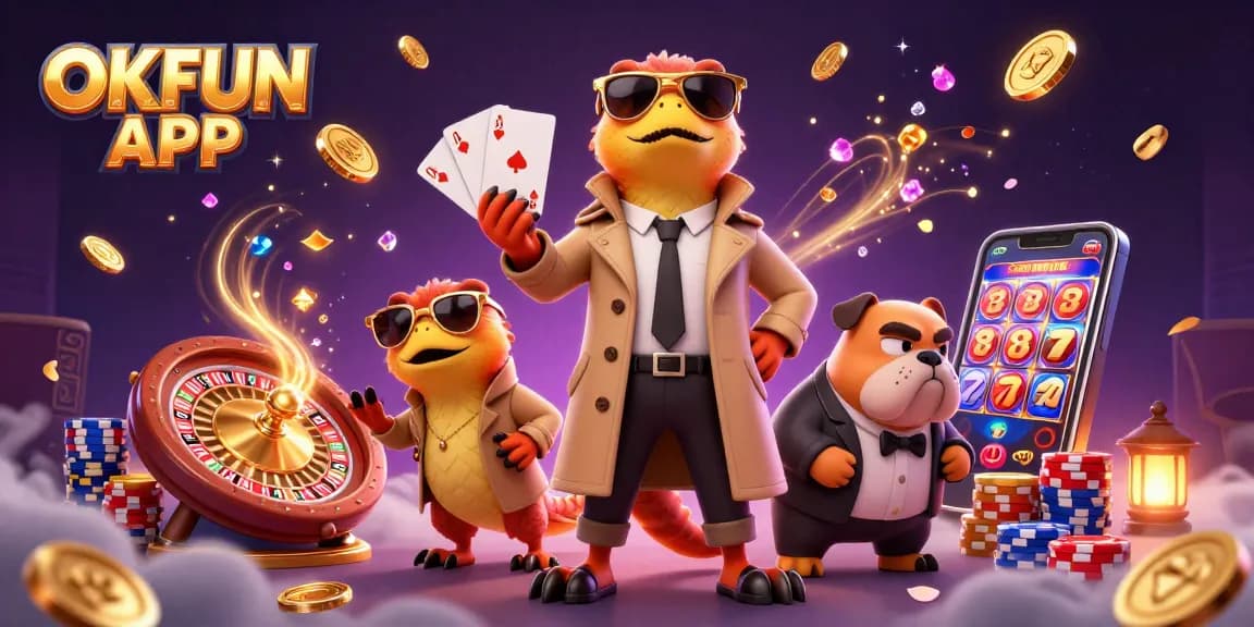 Join the excitement at OKFUN APP with raptors in disguise at a VIP casino, surrounded by coins and gems!