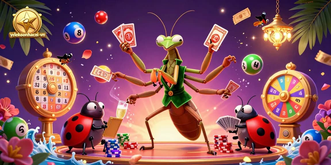 Engaging scene with tylekeonhacai-vn showcasing a giant praying mantis dealing cards and lottery elements.