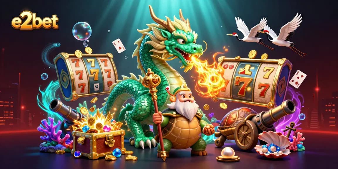 Experience thrilling e2bet gaming with a powerful jade dragon, lucky cranes, and vibrant slot elements.