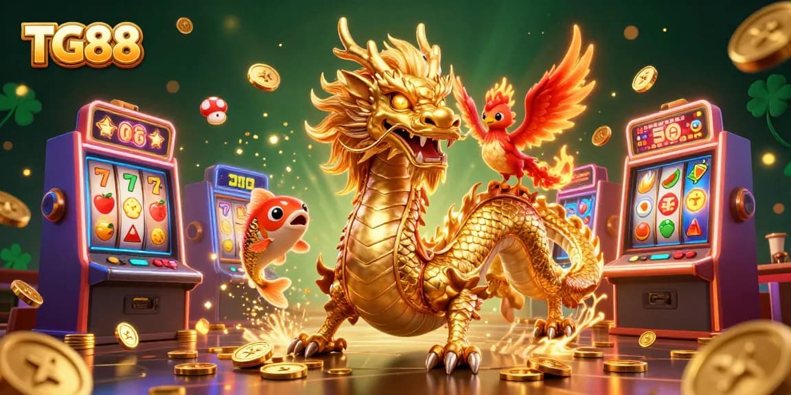 Experience thrilling slot gameplay with TG88's vibrant 3D casino illustration showcasing lucky symbols and dynamic characters.