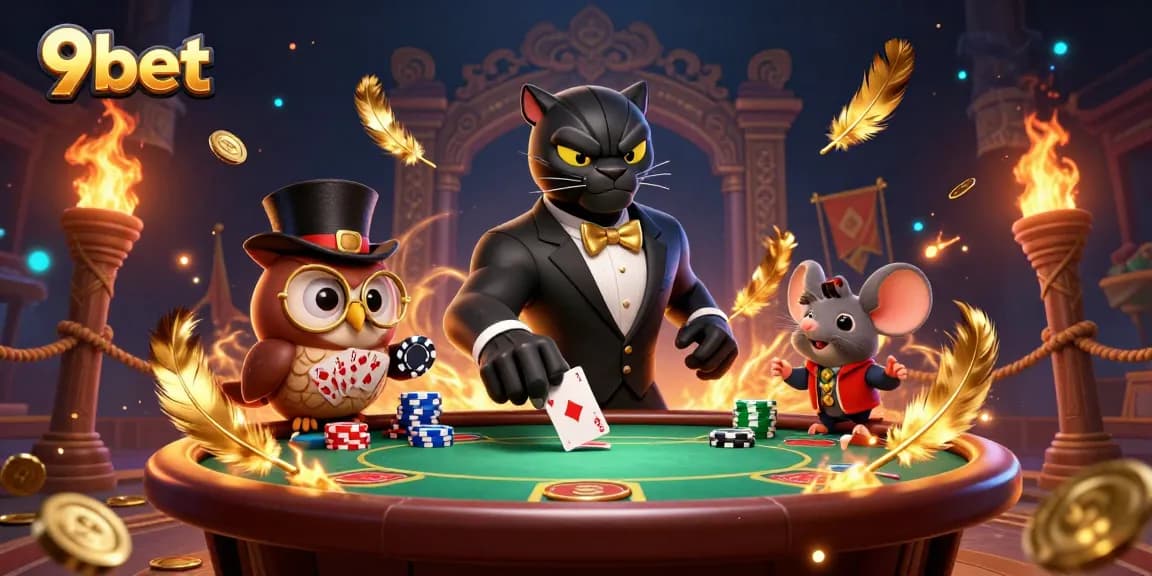 Engage in thrilling poker games with 9bet, featuring a tuxedo panther dealer in vibrant casino scene.