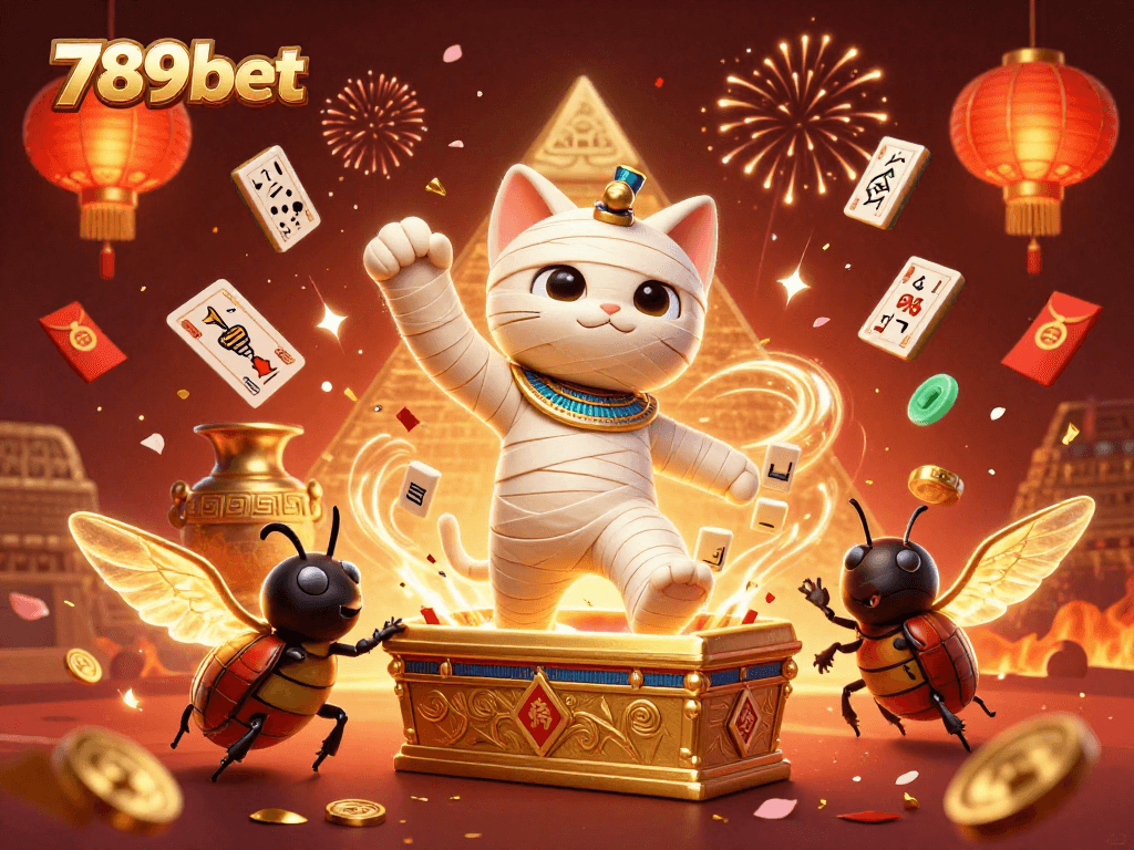 Experience thrilling gaming with 789bet's lively casino illustration featuring a mummy cat and scarab beetle.