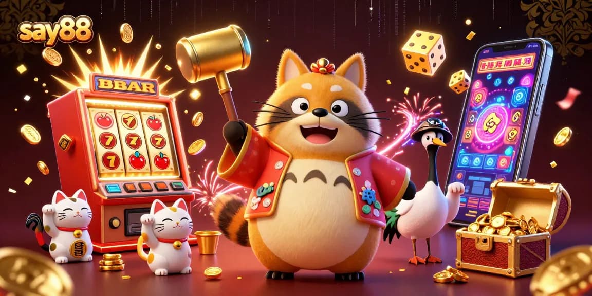 Experience excitement at say88 casino with a cheerful tanuki and vibrant game elements.