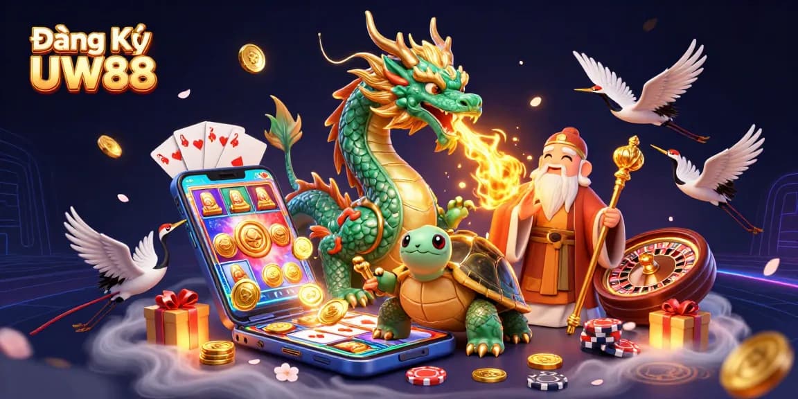 Spin and win with Đăng Ký UW88 amidst vibrant 3D illustration of game elements.
