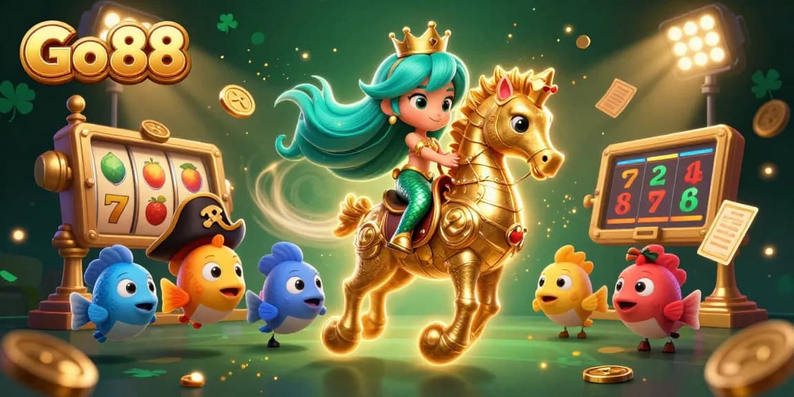 Engage in thrilling gameplay at Go 88 with vibrant slots, golden trophies, and dynamic gaming elements.